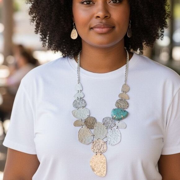 Fashion Jewelry - Silver Tone Hammered Statement Necklace & Earrings Set w/ Turquoise Accent